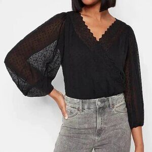 NWT Express Womens XS Black Faux Wrap Swiss Dot Balloon Sleeve Bodysuit $88